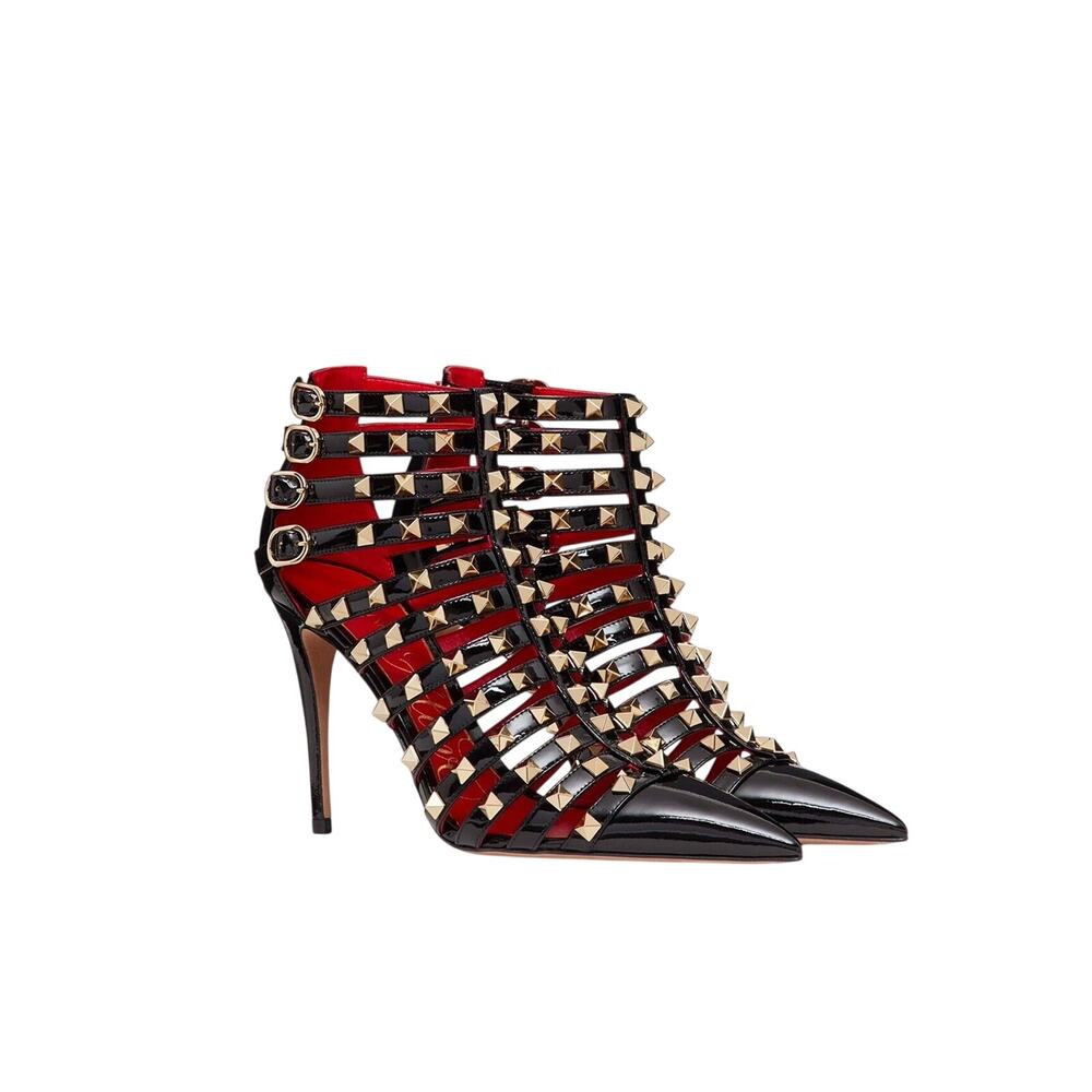 NIB Valentino Garavani Rockstud Alcove EU 37.5 US 7.5 Bootie Black Cage Strappy
